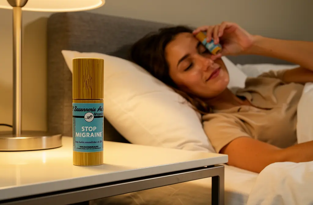 Roller d'huile essentielle anti-migraine sur table de chevet lors d'une application apaisante