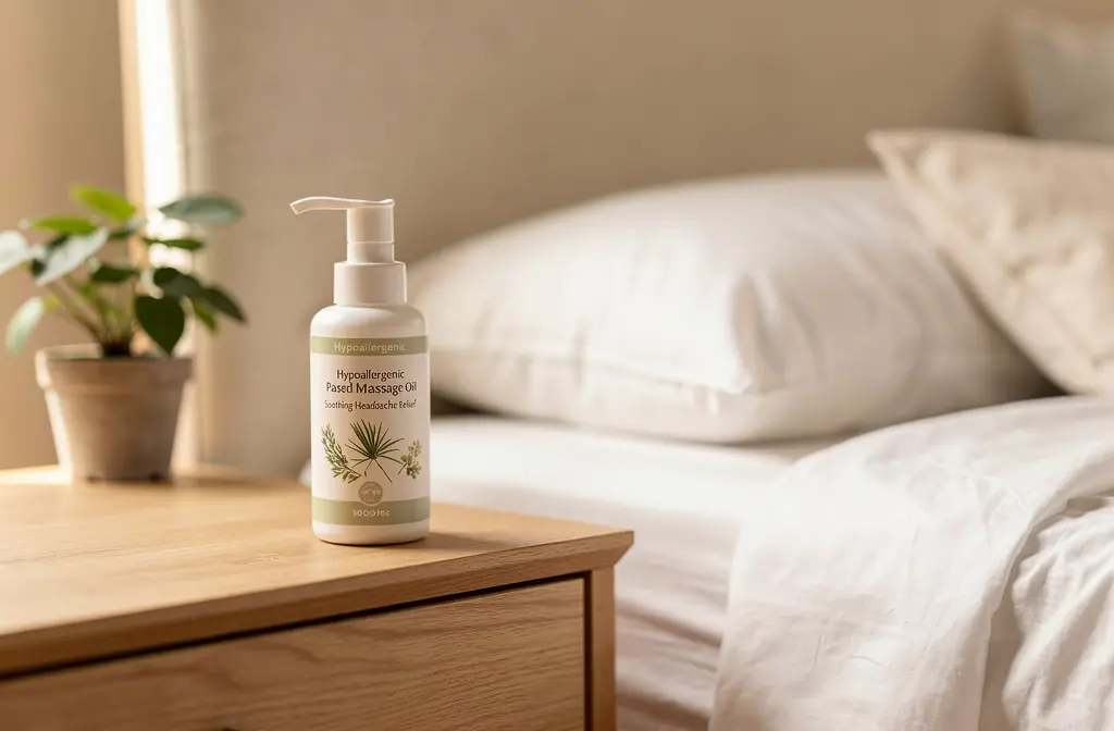 Huile de massage naturelle contre les maux de tête sur une table de nuit