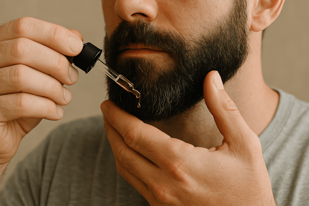 Homme qui s'applique de l'huile à barbe directement avec une pipette