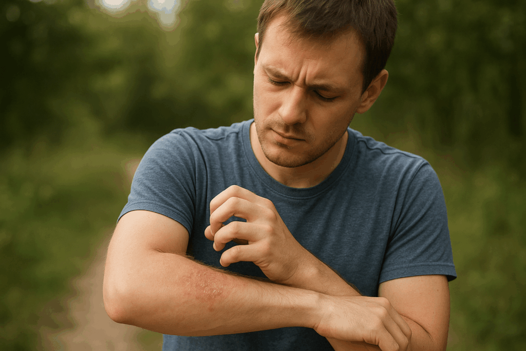 Homme qui gratte son bras dans une forêt