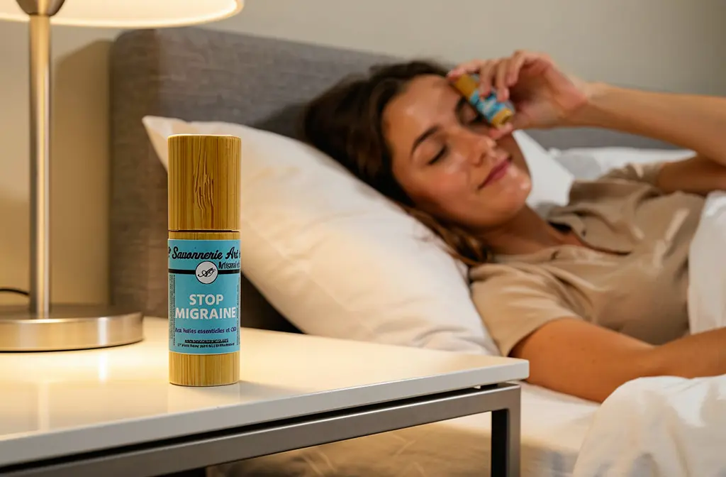 Huile essentielle Stop Migraine sur table de nuit près d’une femme allongée au lit utilisant un inhalateur d’huile, ambiance détente.