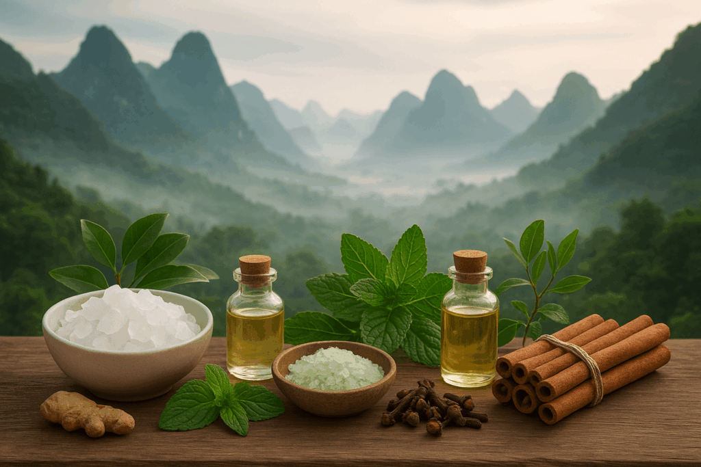 Composition du baume du tigre avec paysage chinois derrière