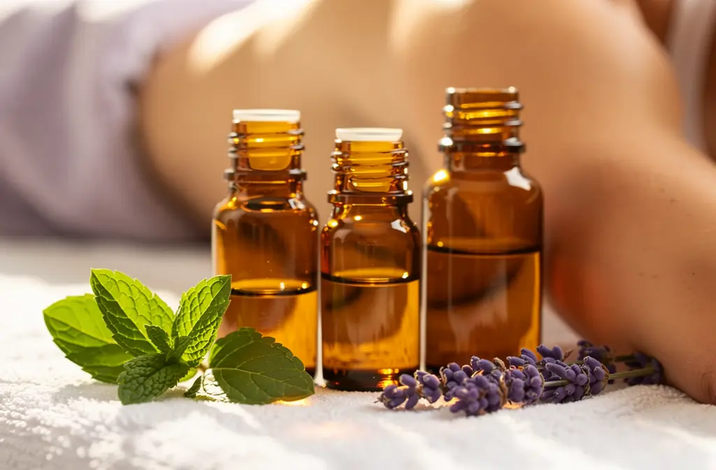 Flacons d'huiles essentielles sur table de massage pour soulager les douleurs musculaires