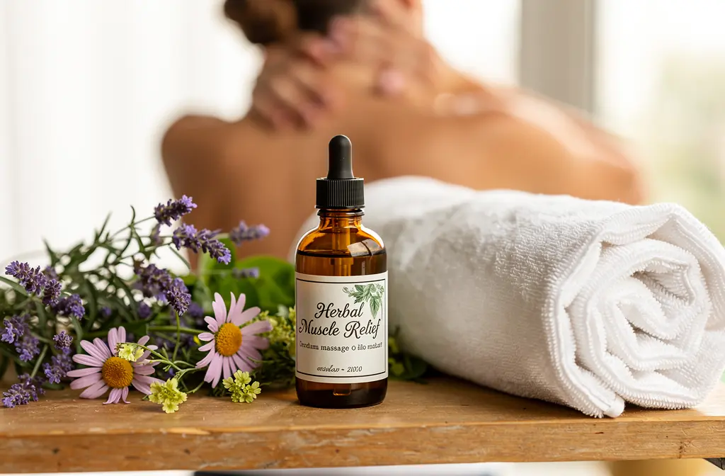 Flacon d'huile de massage aux plantes médicinales posé dans une salle de bain pour soulager les douleurs musculaires