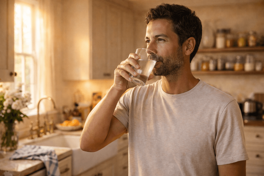 Homme dans une cuisine qui boit un verre d'eau