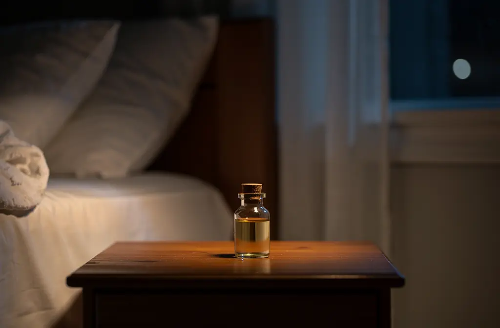 Huile essentielle posée sur une table de chevet pour soulager les crampes nocturnes