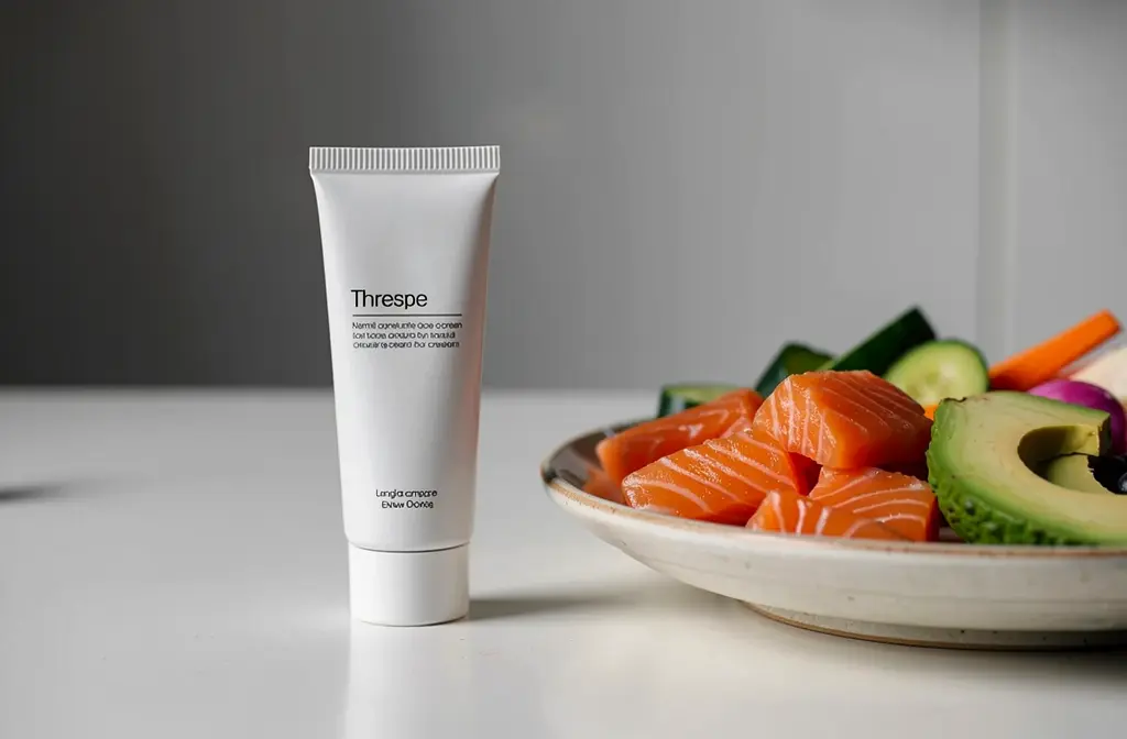 Crème dermatologique pour eczéma atopique posée près d'aliments anti-inflammatoires sur un comptoir de salle de bain.