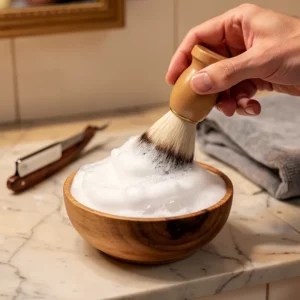 Blaireau de rasage en bois plongeant dans une mousse blanche dans un bol, pinceau appliquant le savon Art n’O Savonnerie Blond bois clair.