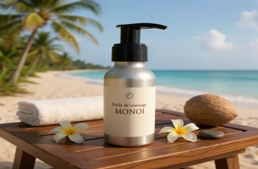 Huile de Monoï présentée sur une plage tropicale avec fleurs de tiaré et serviette blanche.