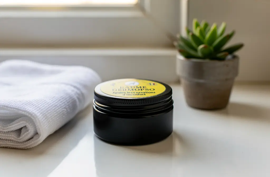 Baume apaisant Dermopso posé sur un comptoir de salle de bain dans une ambiance de routine beauté naturelle.