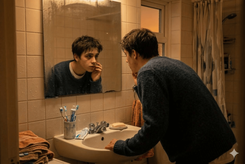 Adolescent avec un kyste d'acné dans une salle de bain avec une ambiance chaude