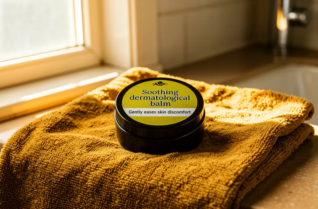 Baume dermopso posé sur une serviette dans une salle de bain lumineuse.