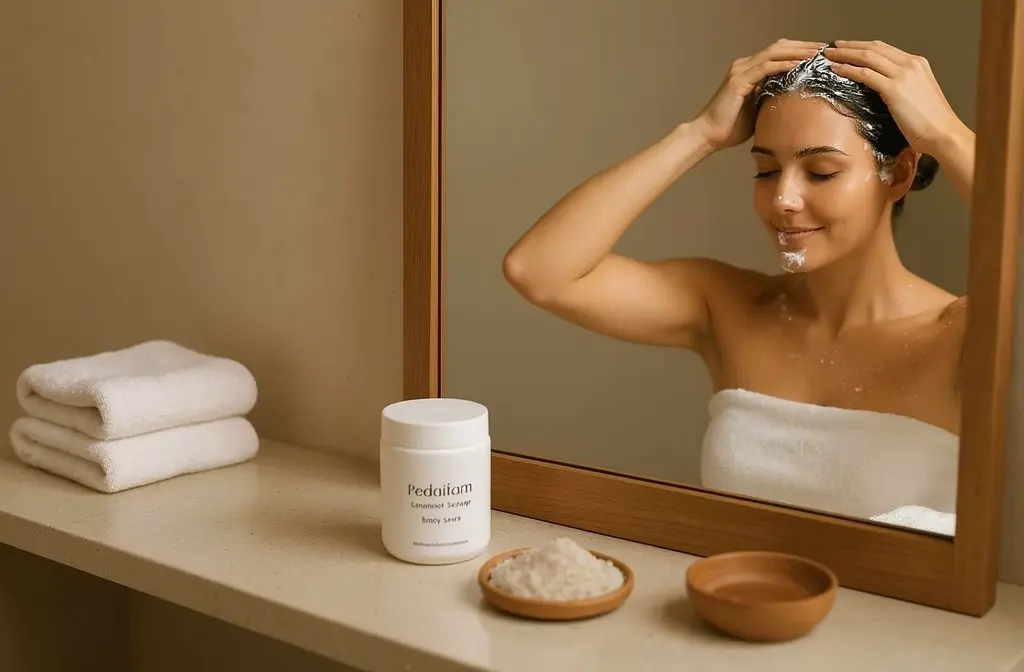 Femme appliquant un soin crème sur le cuir chevelu devant un miroir de salle de bain.