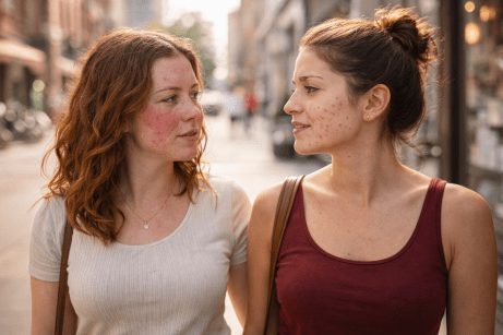 femmes avec acné et rosacée. Elles se promènent dans la rue