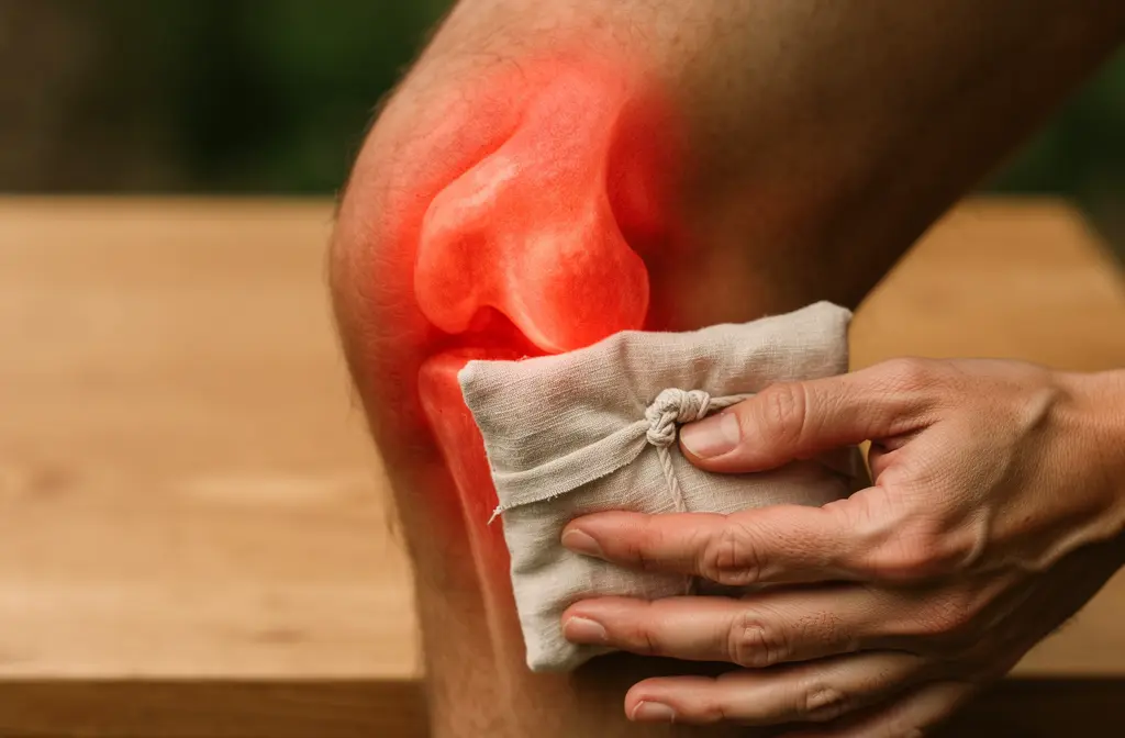 Genou arthrosique enflammé avec visualisation des os en rouge illustrant la douleur de l'arthrose du genou.