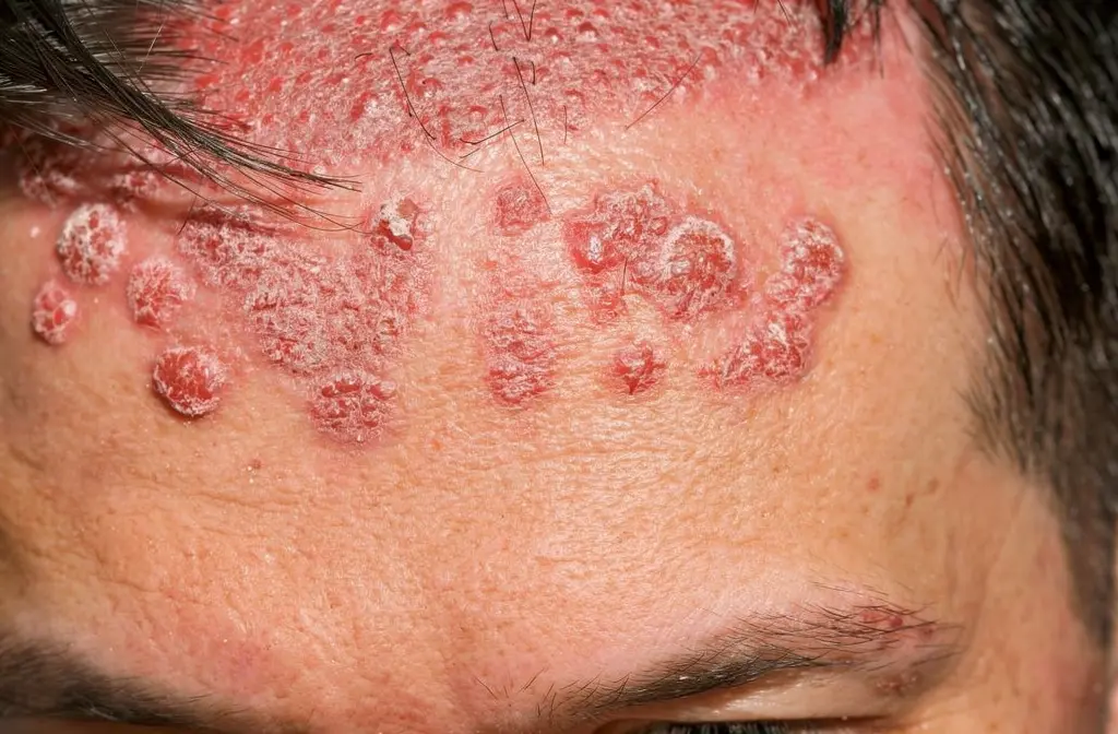 Homme présentant des plaques rouges et squameuses de psoriasis au niveau du cuir chevelu et du front.