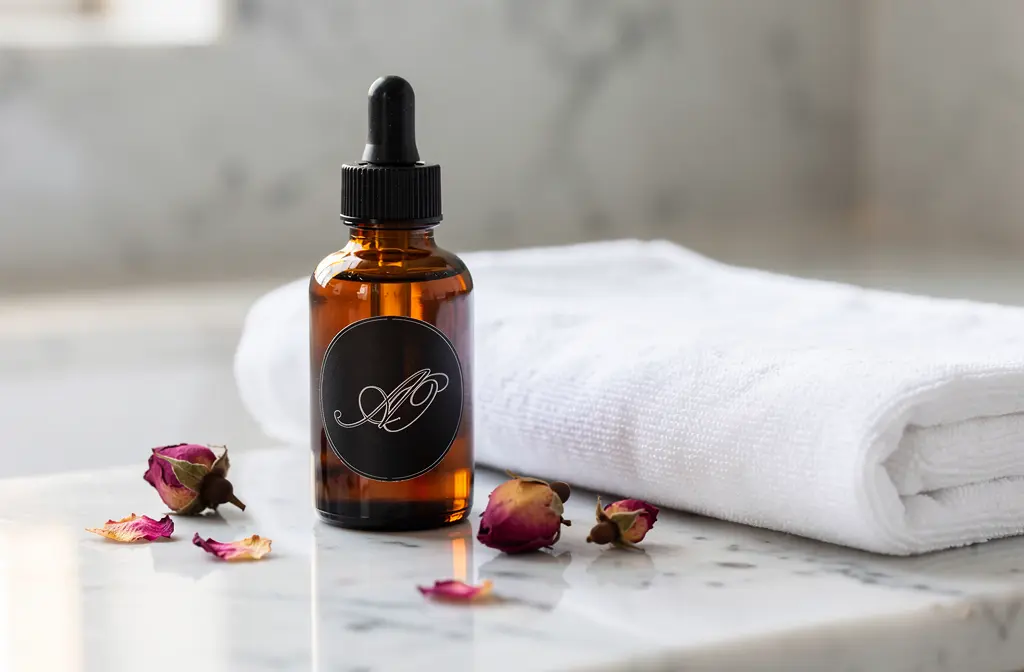 Huile de rose musquée posée sur un comptoir en marbre pour atténuer les cicatrices d'acné naturellement.