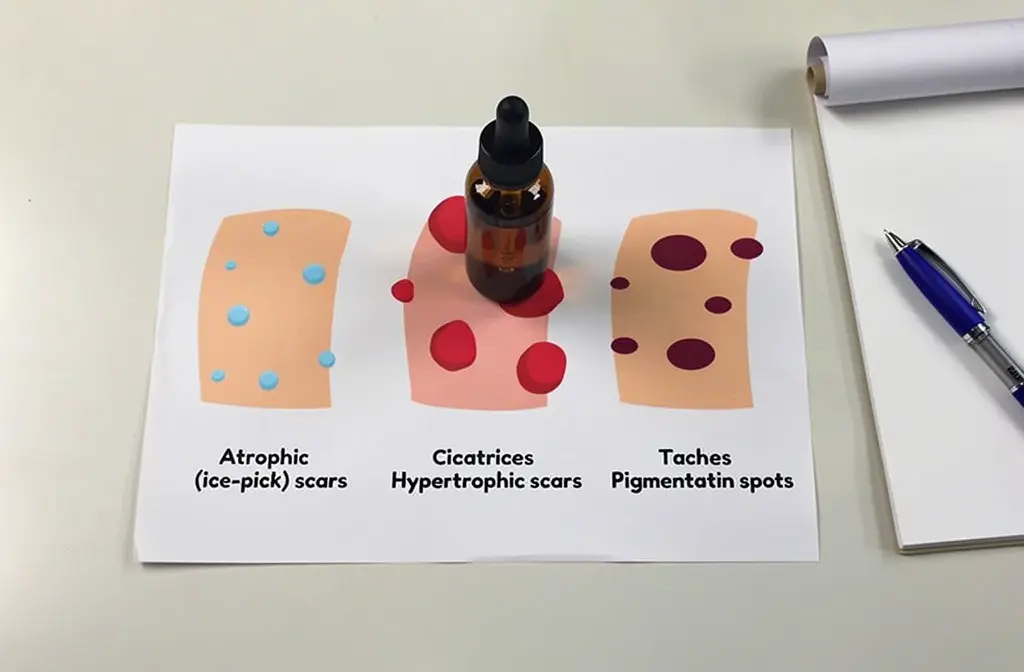 Huile essentielle posée sur un bureau à côté d'un schéma illustrant les types de boutons infectés et cicatrices cutanées.