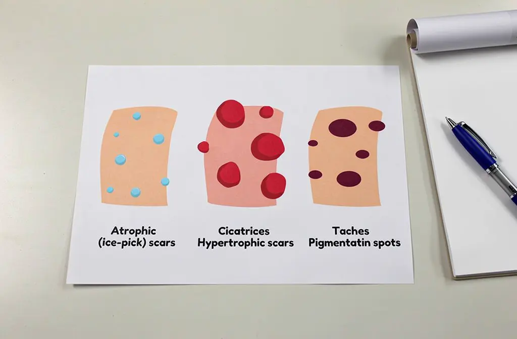 Illustration des trois types de cicatrices d'acné : cicatrices en puits, hypertrophiques et taches pigmentaires.