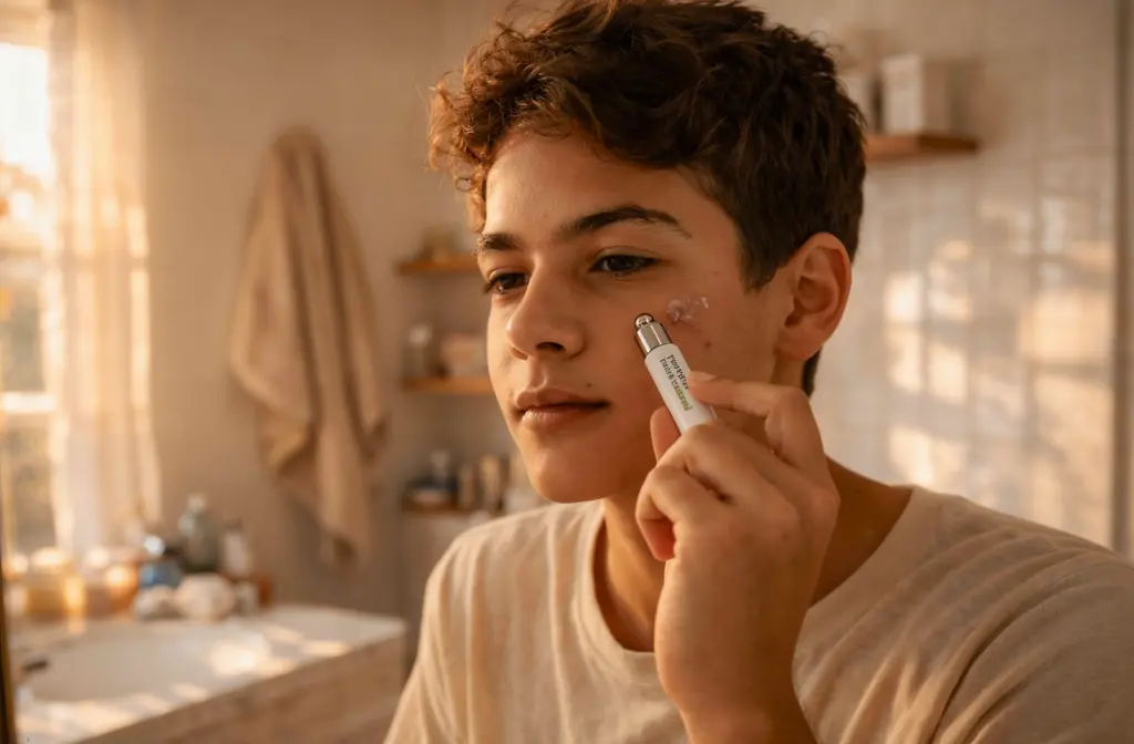 Jeune homme appliquant un roll-on à l'huile essentielle sur un bouton dans sa salle de bain.