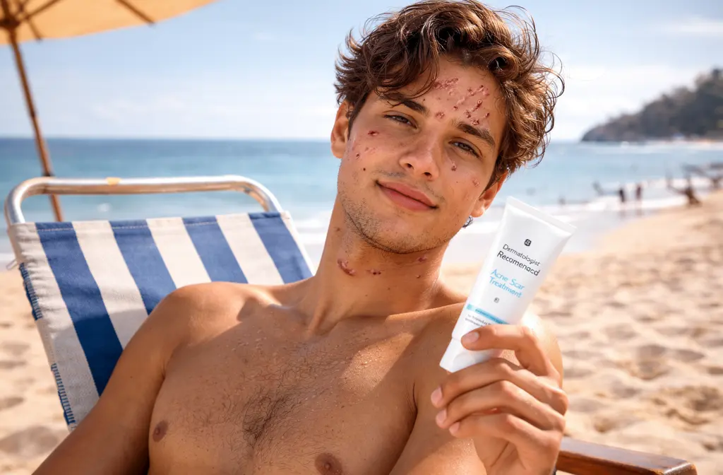 Jeune homme avec cicatrices d'acné appliquant une crème de traitement recommandée par un dermatologue sur la plage.