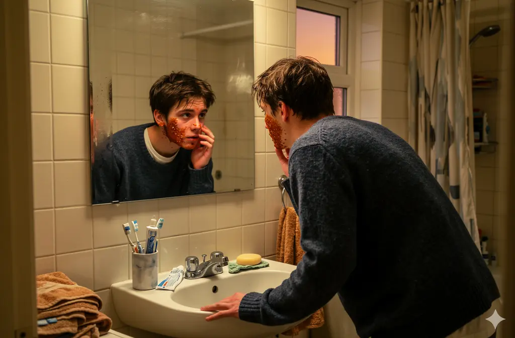 Jeune homme inspectant sa peau grasse dans le miroir de sa salle de bain avec un savon nettoyant posé sur le lavabo.