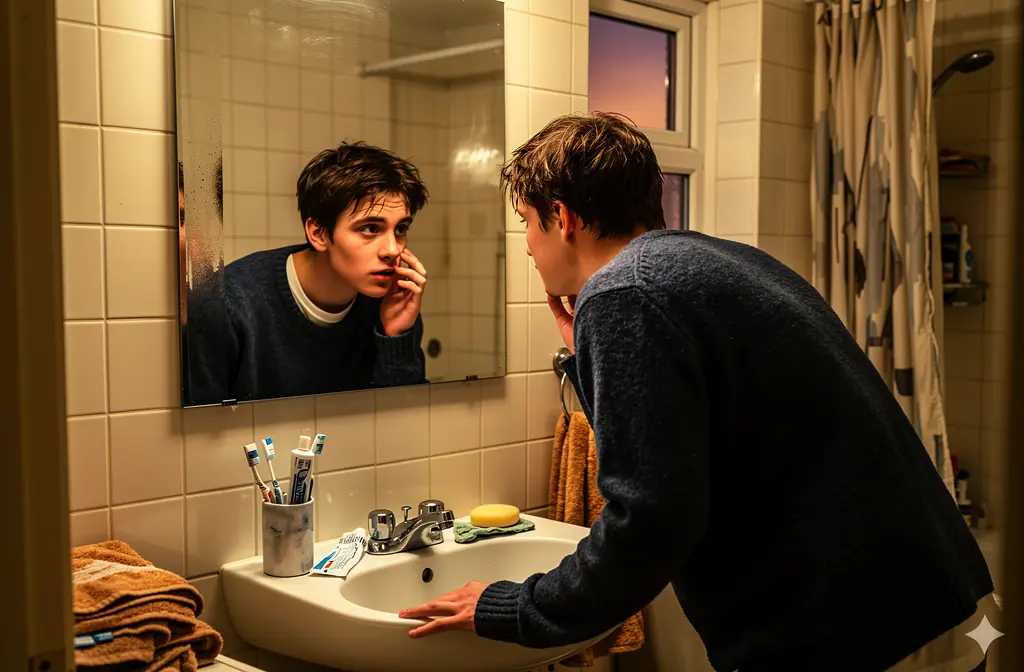 Jeune homme inspectant son visage avec de l'acné inflammatoire dans un miroir de salle de bain.