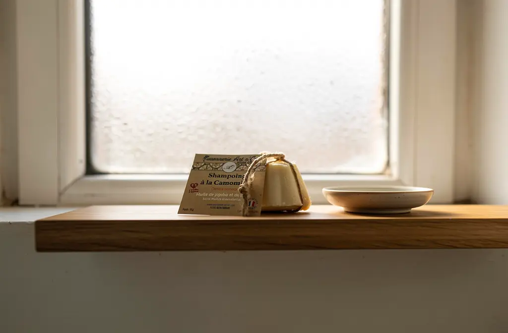 Shampooing solide à la camomille posé sur une étagère de salle de bain en bois naturel.