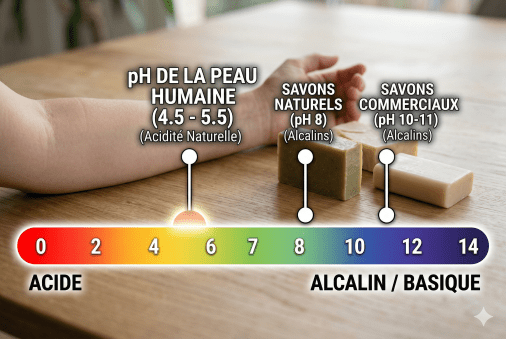 Spectre du PH de la peau humaine. Echelle colorée. Visualation d'un bras et de 2 savons.