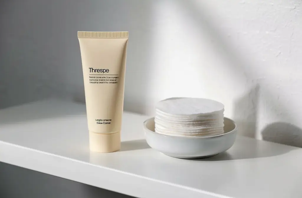 Tube de crème visage posé sur une étagère de salle de bain épurée pour une routine peau grasse.