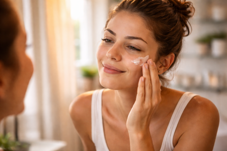 Routine matinale de soin du visage. Une femme dans une salle de bain s'applique de la crème visage.