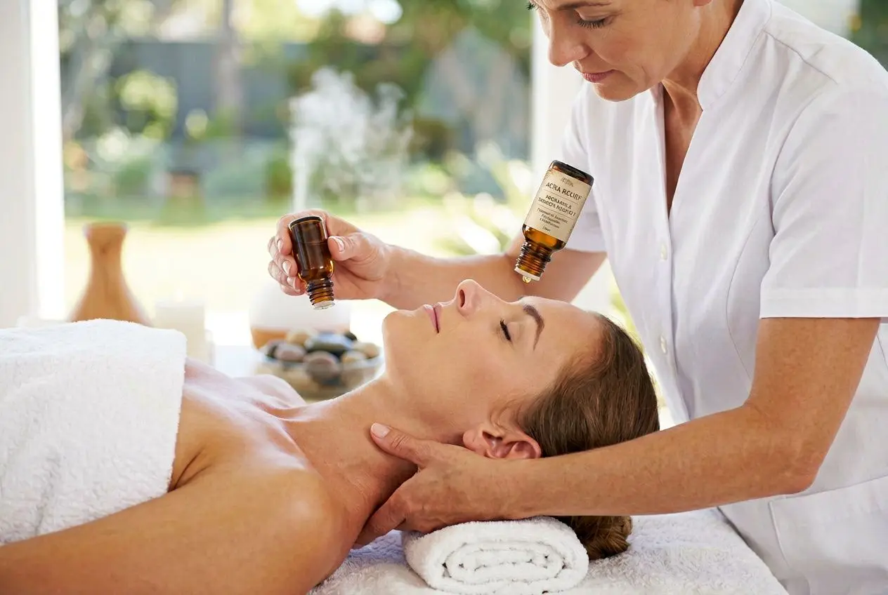 Application d'huile essentielle sur le cou d'une femme allongée pour soulager une migraine avec aura.