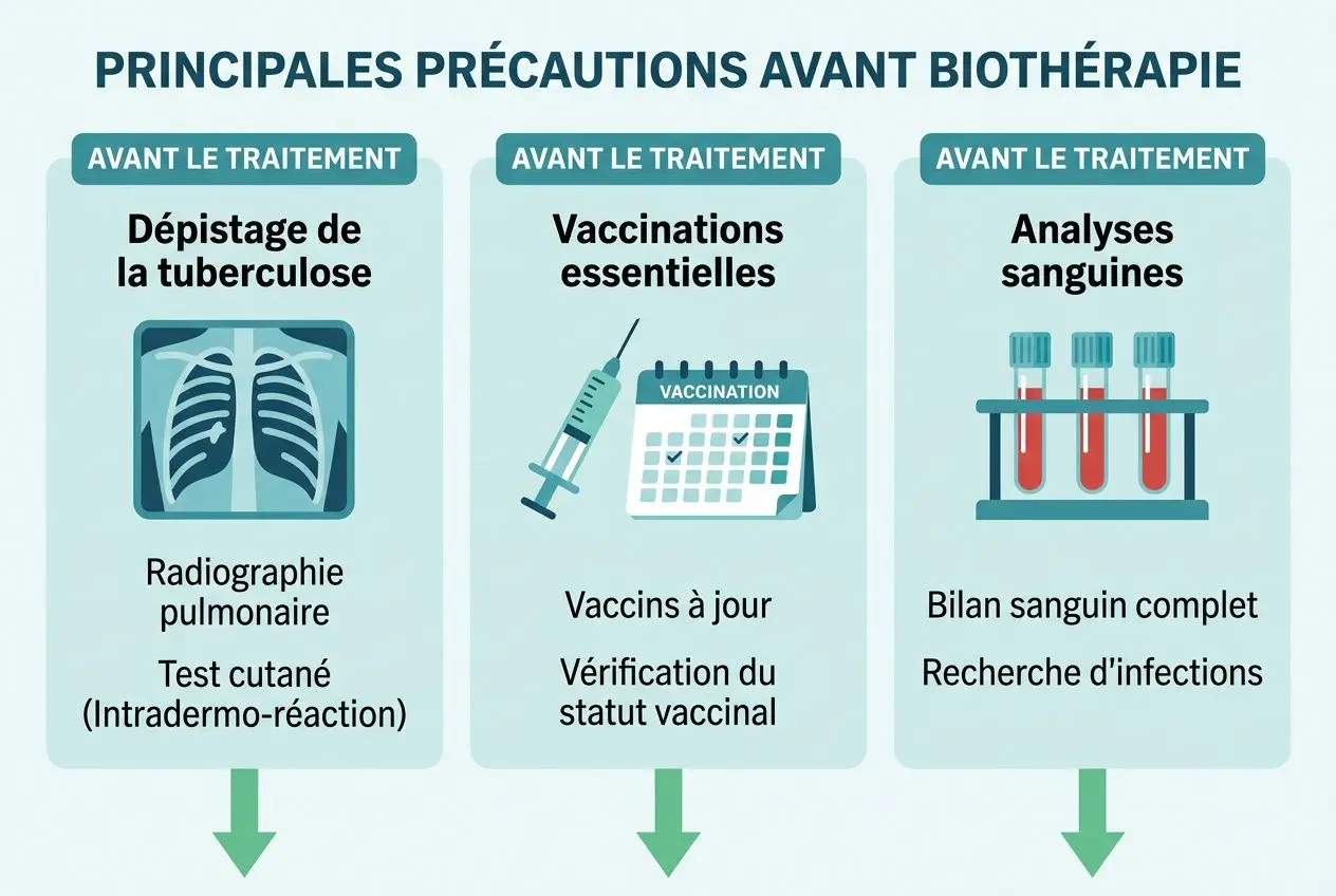 Avant le traitement: dépistage de la tuberculose (radiographie pulmonaire, test cutané Intradermo-réaction) et Vaccinations essentielles (vaccins à jour, statut vaccinal) avec analyses sanguines (bilan sanguin complet, recherche d'infections). Inclut le contexte de biothérapie psoriasis avis.