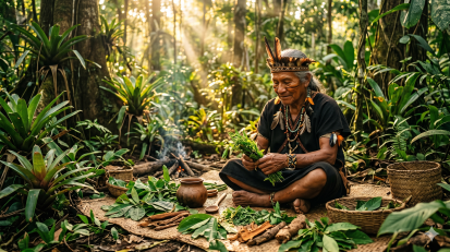 chaman dans sa forêt. Il tient des plantes dans sa main.