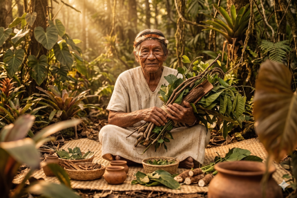 chaman dans sa forêt. Il tient des plantes dans sa main.