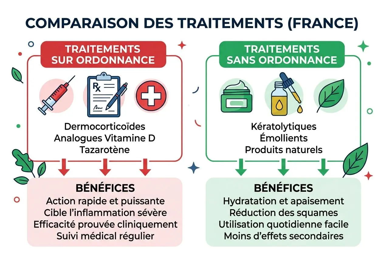 Comparaison des traitements: ordonnance vs sans ordonnance pour crèmes psoriasis et émollients, avec bénéfices et conseils.