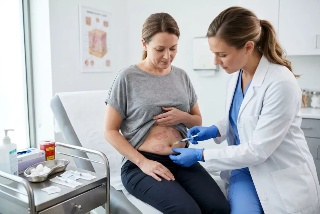 Consultation médicale: une femme reçoit une injection près de l’abdomen par une infirmière dans un cabinet, sur fond de matériel médical. biothérapie psoriasis avis intégré.