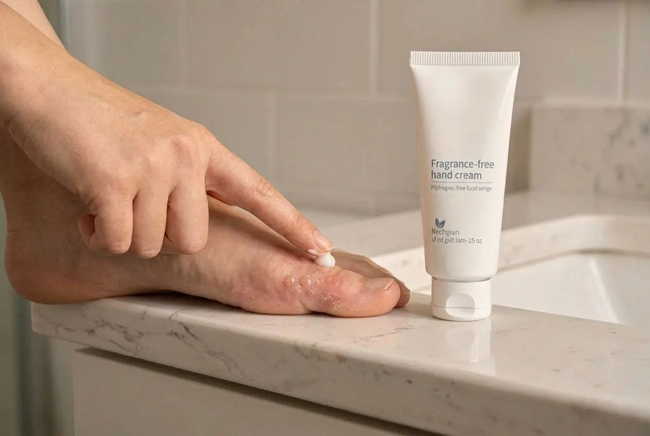 Crème sans parfum appliquée sur un pied présentant des symptômes de dyshidrose.