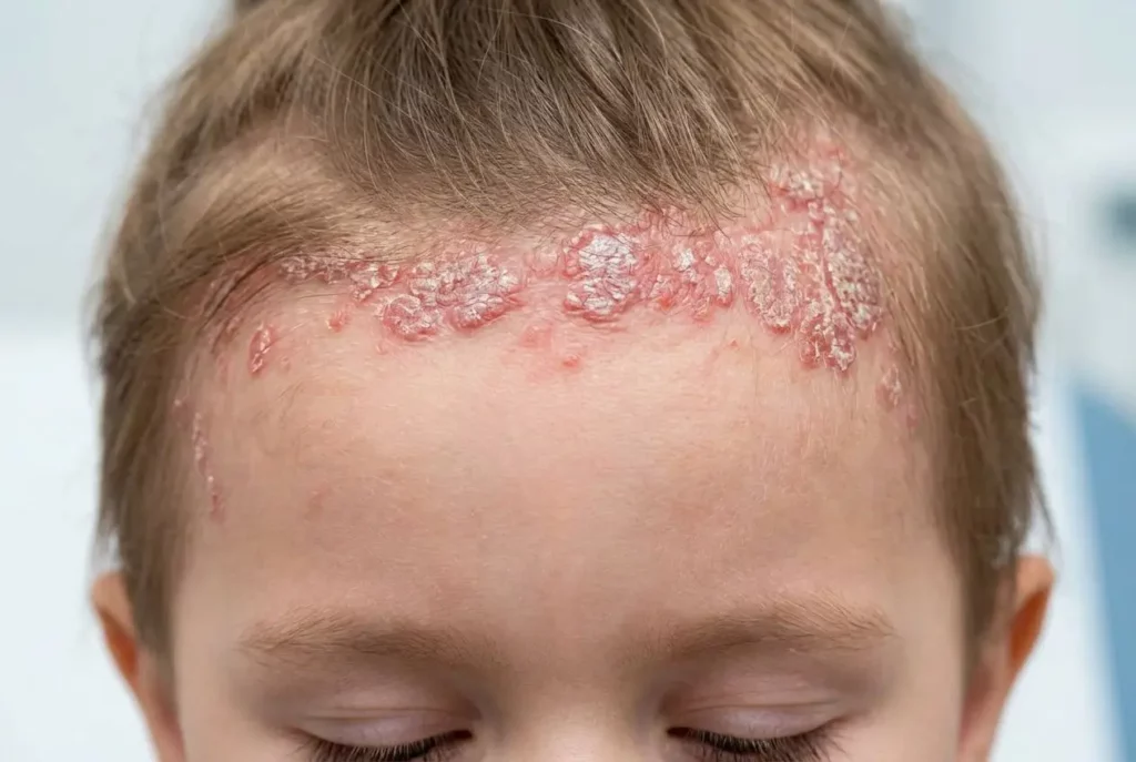 Cuir chevelu d’un enfant présentant des plaques rouges et squameuses, visibles sur le front, évoquant une forme de psoriasis cuir chevelu enfant.