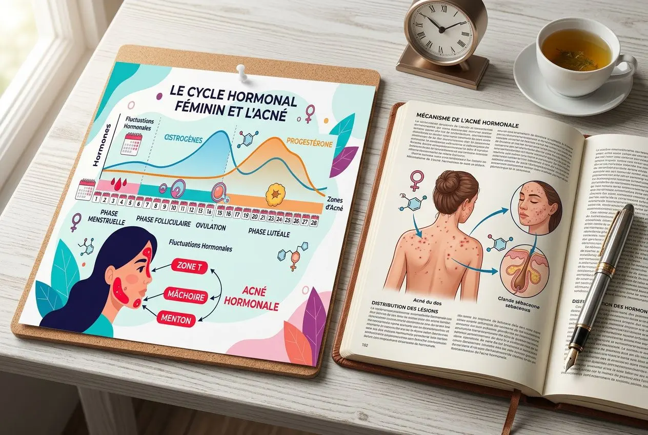 Diagramme sur le cycle hormonal féminin et l'acné, avec une illustration d'une femme et des zones d'acné, et un livre expliquant le mécanisme hormonal et la localisation des lesions., intégrant: comment soigner acné dos naturellement?