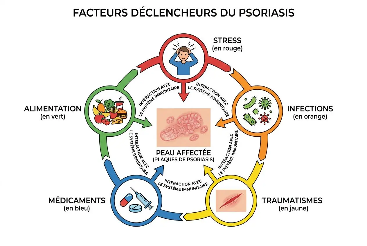 Diagramme des facteurs déclencheurs du psoriasis: stress, infections, traumatismes, alimentation et médicaments influençant le système immunitaire; montre les plaques cutanées liées au psoriasis et le rôle de la peau affectée. psoriasis cause intégrée.