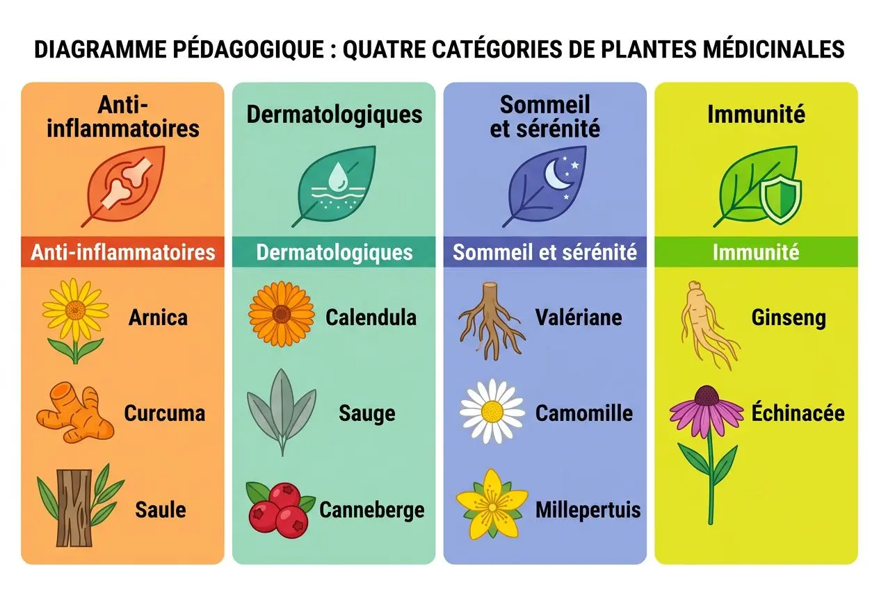 Diagramme pédagogique montrant quatre catégories de plantes médicinales: anti-inflammatoires, dermatologiques, sommeil et sérénité, immunité; chaque colonne listant des plantes comme Arnica, Curcuma, Saule, Cannelle? (illustrations), Calendra, Sauge, Cannelleberge? etc. Incorporer l'expression les plantes médicinales de a à z.