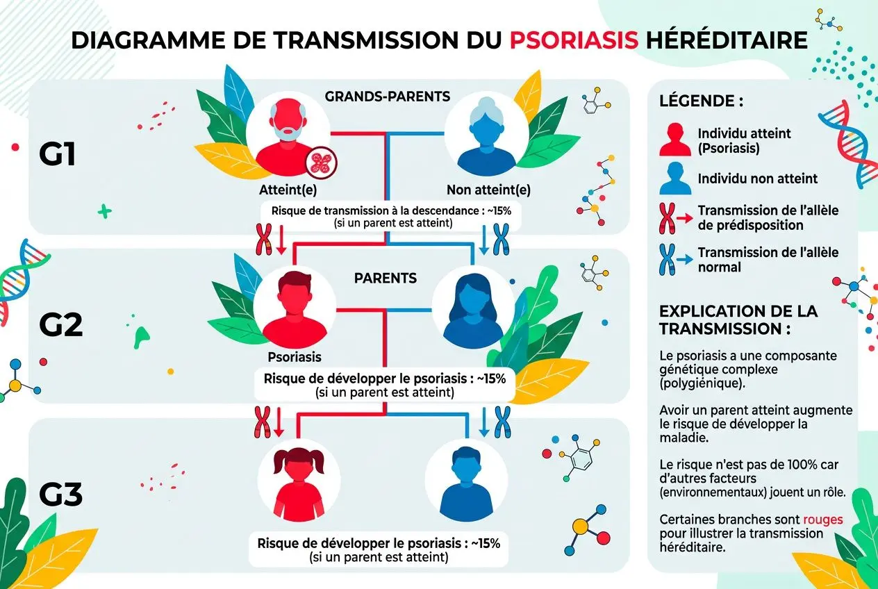 Diagramme de transmission du psoriasis héréditaire montrant les grands-parents, parents et enfants avec risques: G1, G2, G3 et légende. Inclut explications de transmission et facteurs génétique et déclencheurs. psoriasis cause mentionnée.