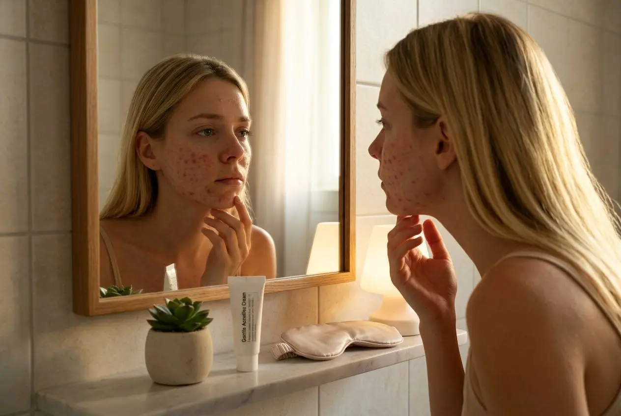 Femme appliquant une crème anti-acné sur un bouton avant de dormir dans une salle de bain lumineuse.
