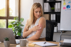 femme qui applique de la crème sur son psoriasis. Elle est au bureau le matin
