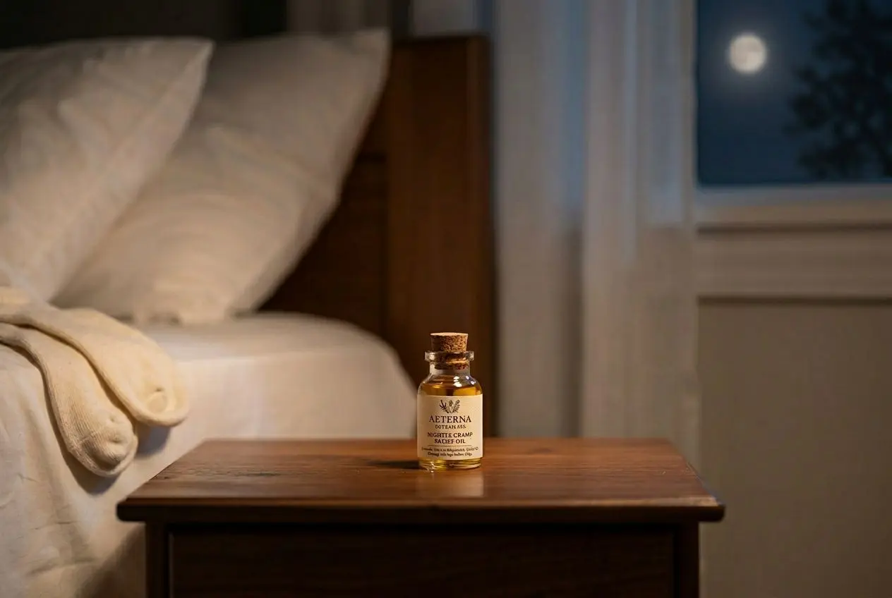 Flacon d'huile essentielle naturelle posé sur une table de chevet en bois la nuit, remède contre les crampes des jambes.
