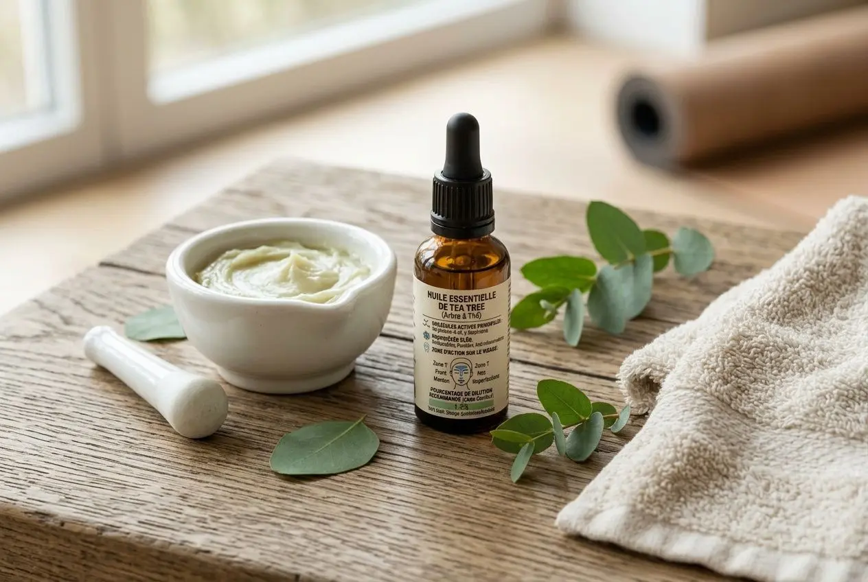 Flacon d'huile essentielle tea tree près d'une pâte blanche et d'un mortier, sur une table en bois avec des feuilles et une serviette, évoquant un soin pour douleurs musculaires.