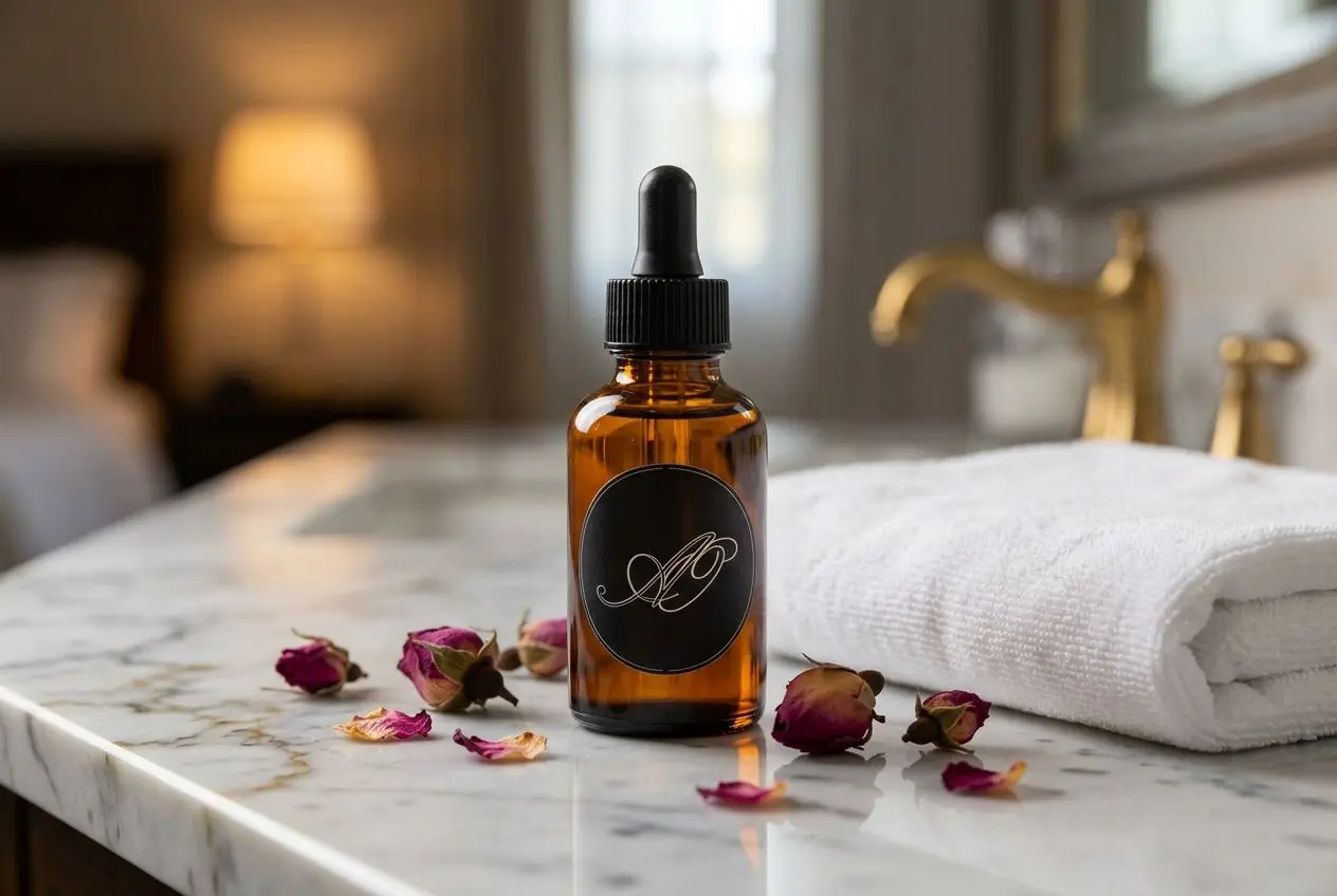 Flacon sérum huile visage posé sur un comptoir en marbre avec des boutons de rose séchés et une serviette blanche, remède naturel contre l'acné.