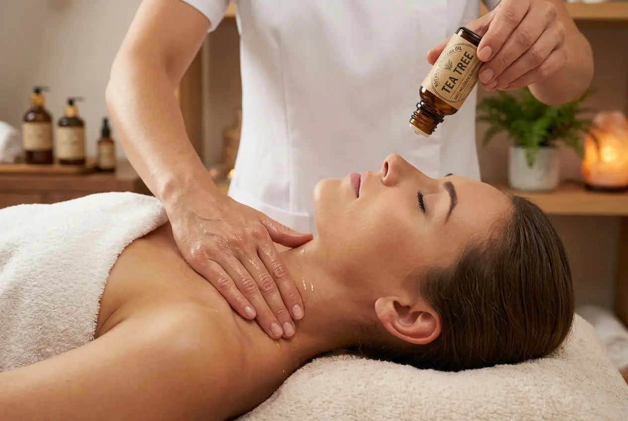 Homme ou femme recevant un massage du torse par un professionnel, application d’huile essentielle tea tree sur le haut du thorax. huile essentielle tea tree douleur musculaire intégrée naturellement.