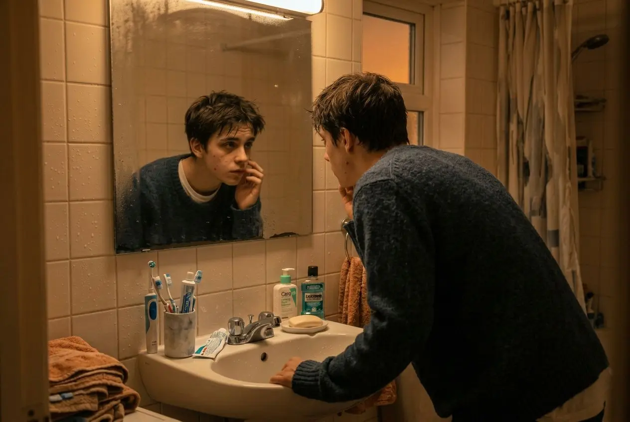 Homme se regardant dans le miroir de la salle de bains, se touchant le visage près du lavabo. Note: intègre le mot-clé de façon naturelle: 